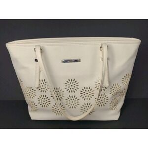 Nine West White Tote Bag Purse Shoulder Handbag Laser Cut Floral Design EUC